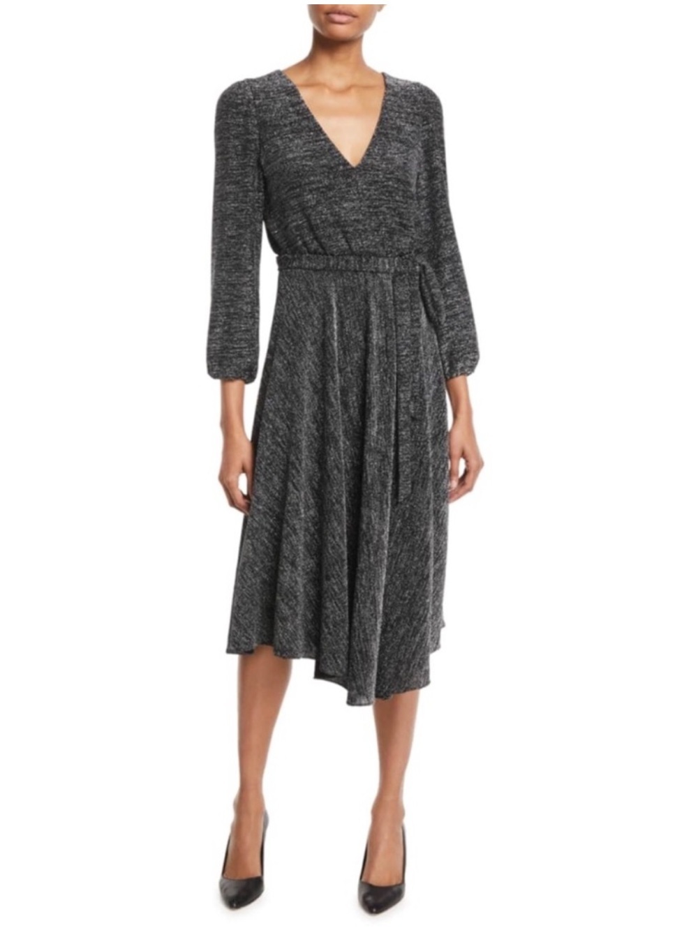 Alice + Olivia Coco Metallic Midi Dress Silver Black Shimmer Tie Waist NWT 2